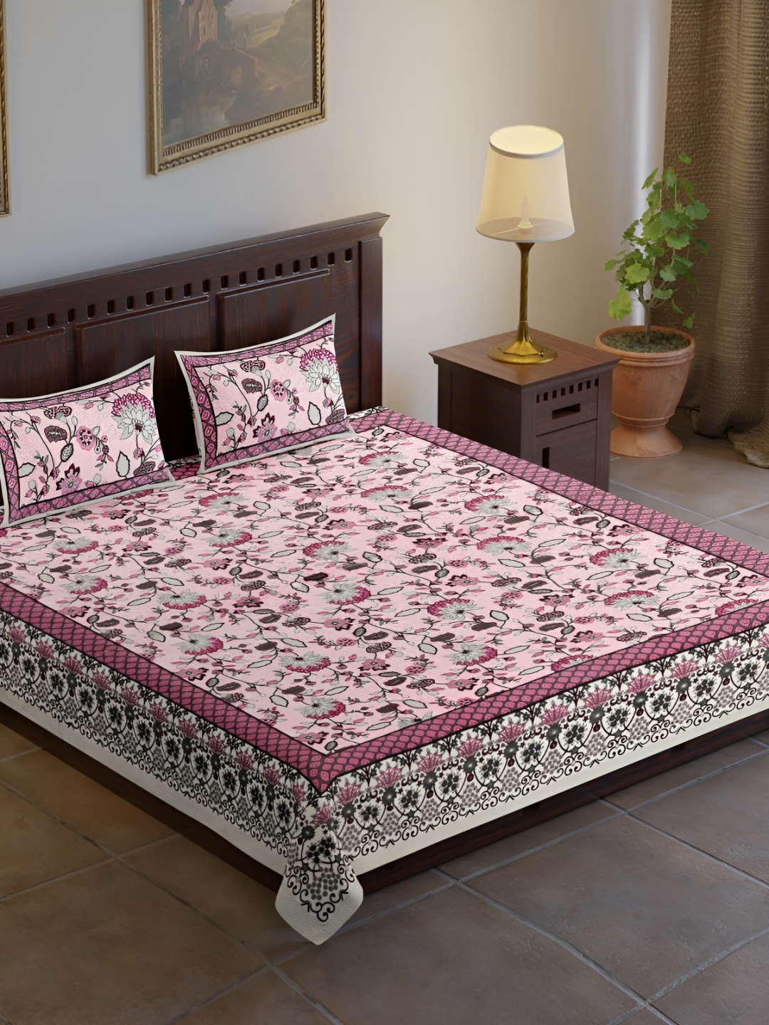 

UBANIA COLLECTION Pink Floral Cotton 120 TC King Bedsheet with 2 Pillow Covers