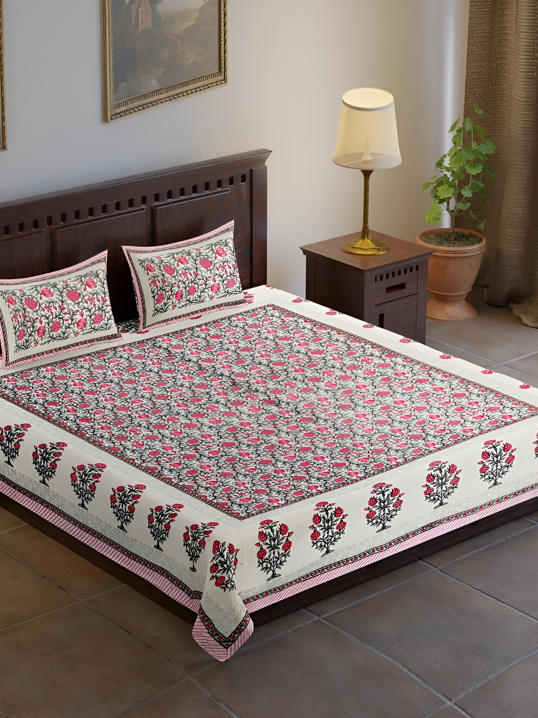 

UBANIA COLLECTION Pink & white Floral Cotton 120 TC King Bedsheet with 2 Pillow Covers