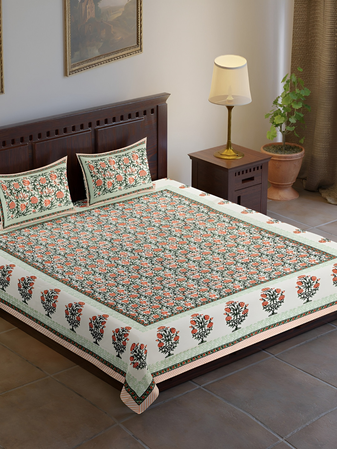 

UBANIA COLLECTION Orange & Green Floral Cotton 120 TC King Bedsheet with 2 Pillow Covers