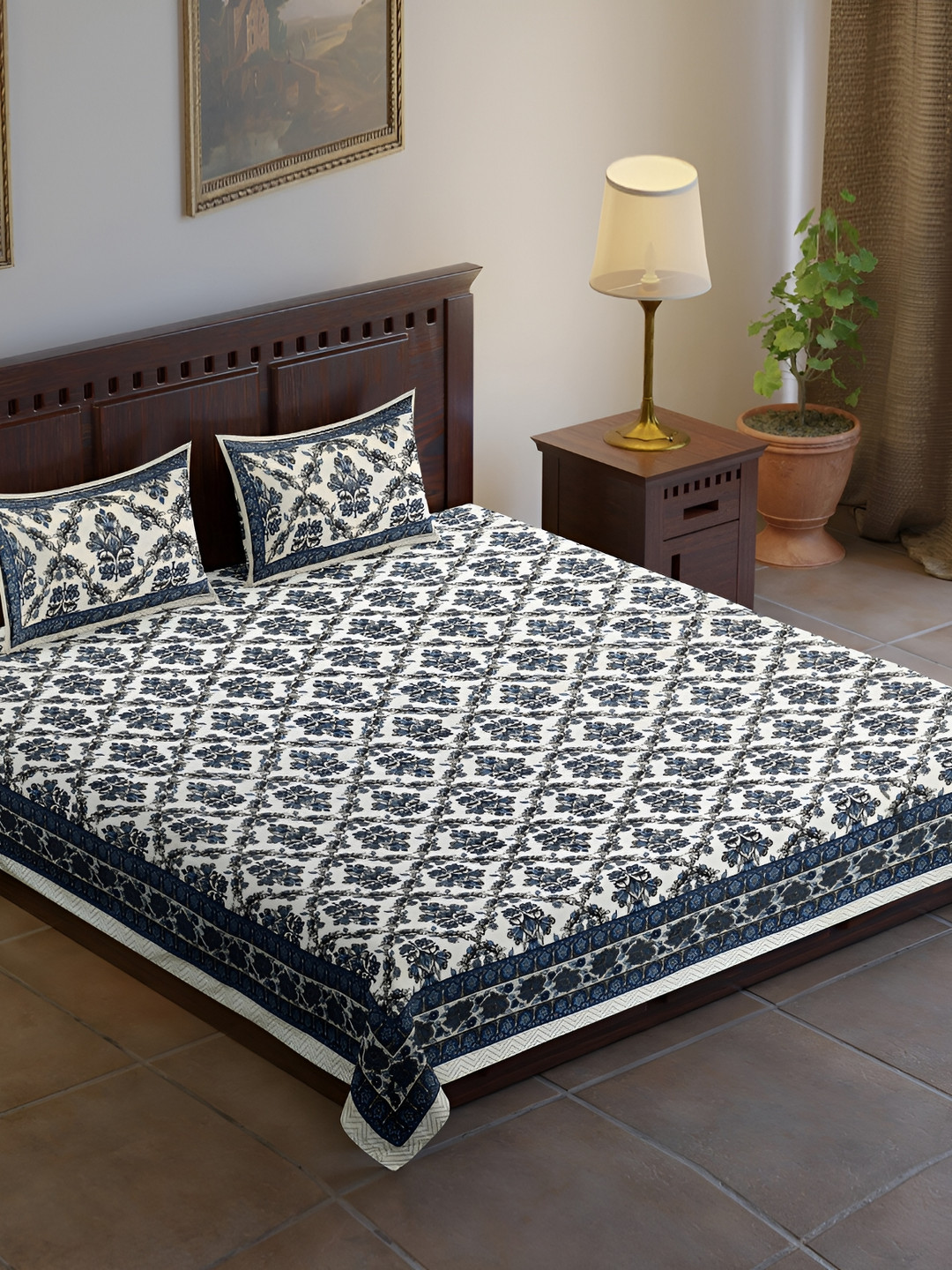 

UBANIA COLLECTION Blue Ethnic Motifs Cotton 120 TC King Bedsheet with 2 Pillow Covers