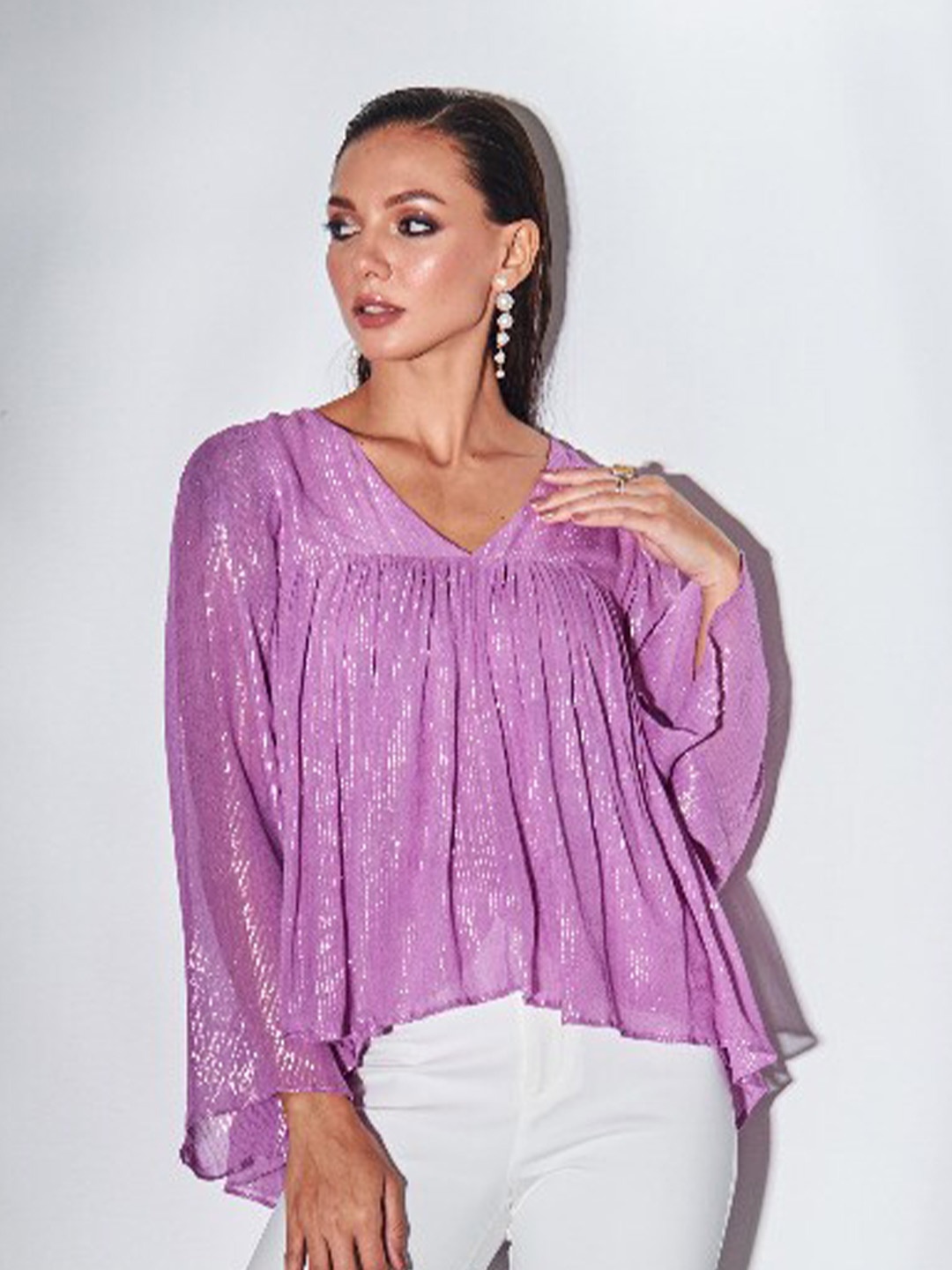 

By The Bay Self Design Bell Sleeve Gathered or Pleated V-Neck A-Line Top, Lavender