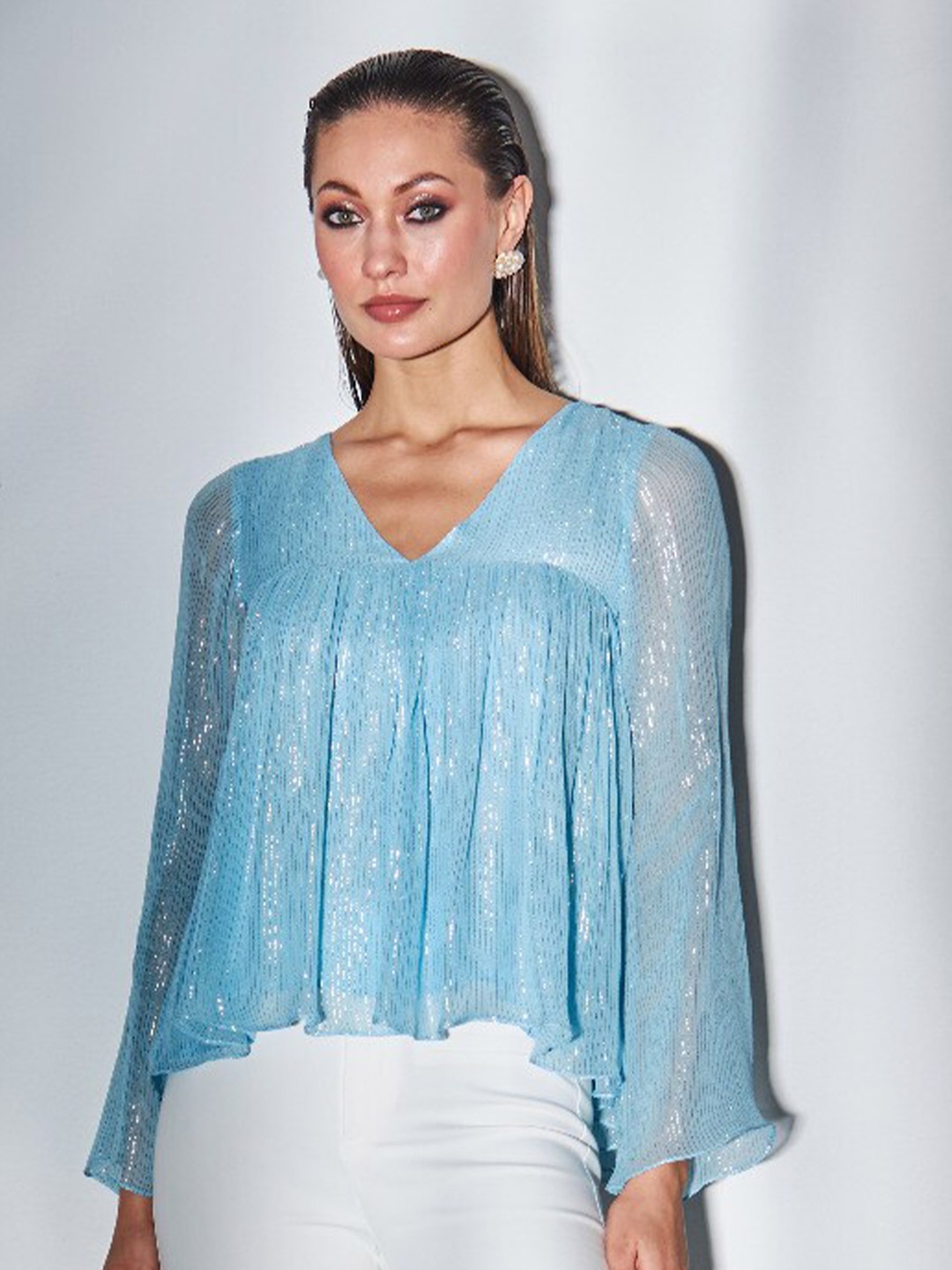 By The Bay Self Design Flared Sleeve V-Neck Gathered or Pleated Top, Blue