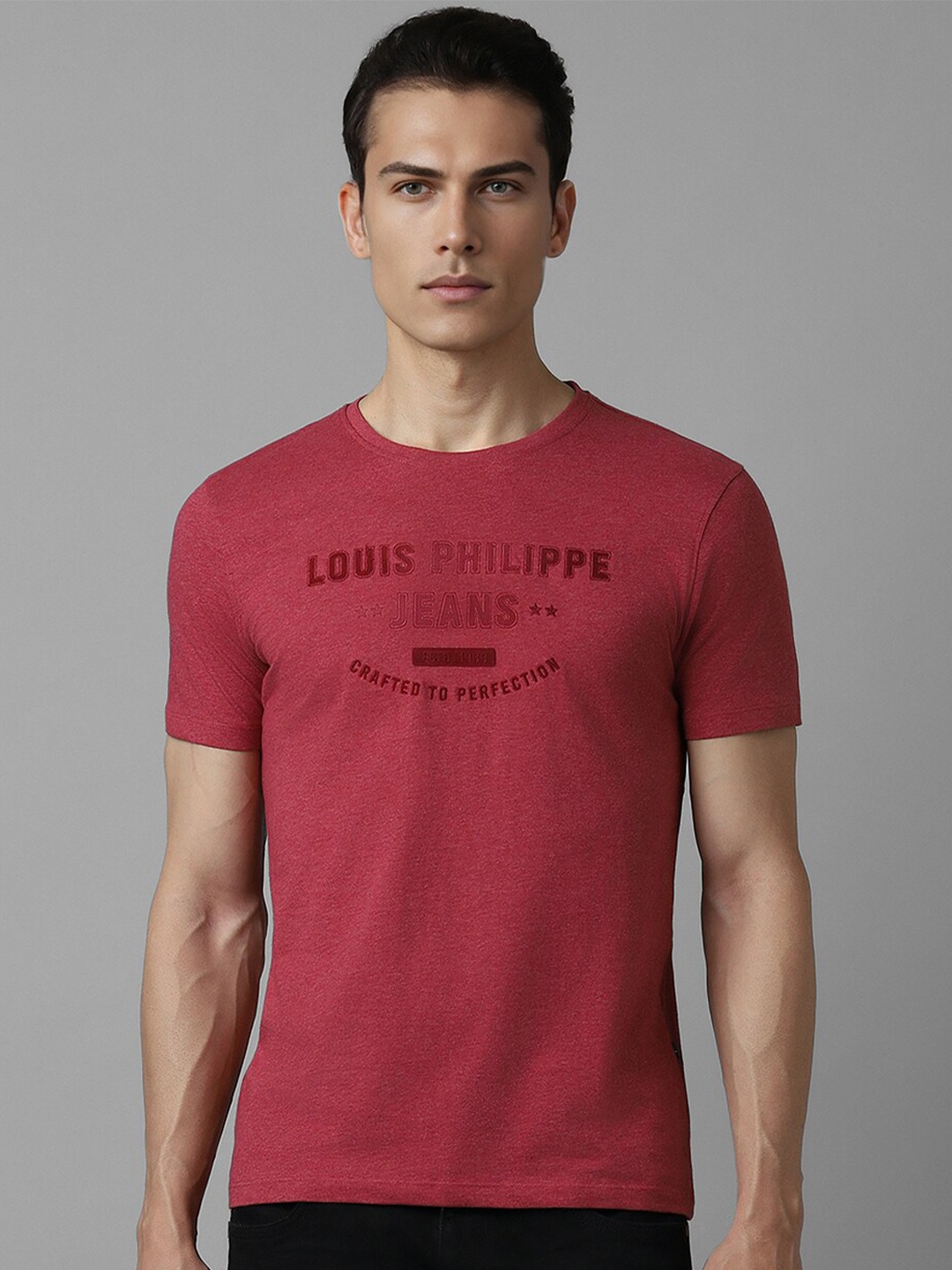 Louis Philippe Jeans Typography Printed Short Sleeves Slim Fit Pure Cotton T-shirt, Red