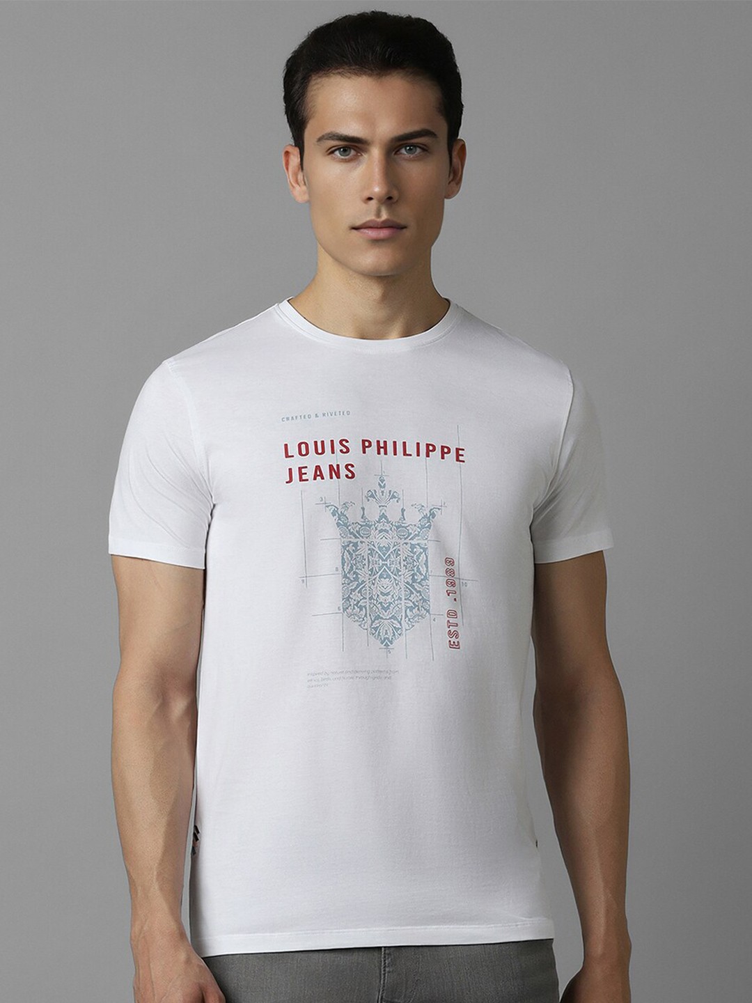 

Louis Philippe Jeans Typography Printed Short Sleeves Slim Fit Pure Cotton T-shirt, White