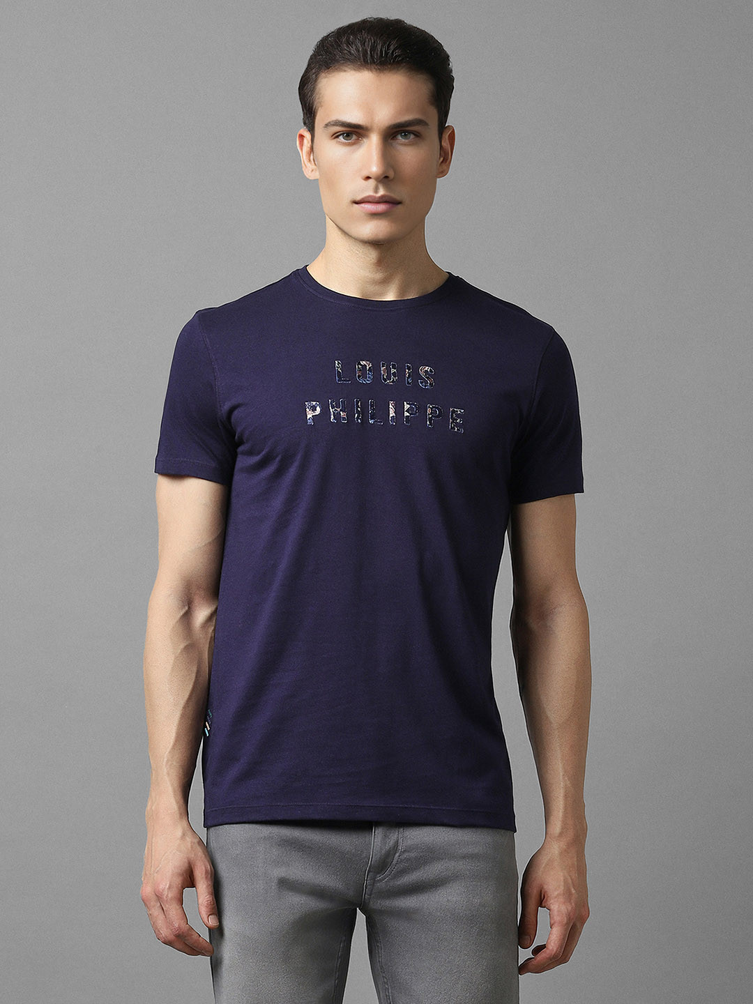 

Louis Philippe Jeans Men Typography Printed Pockets Slim Fit T-shirt, Purple