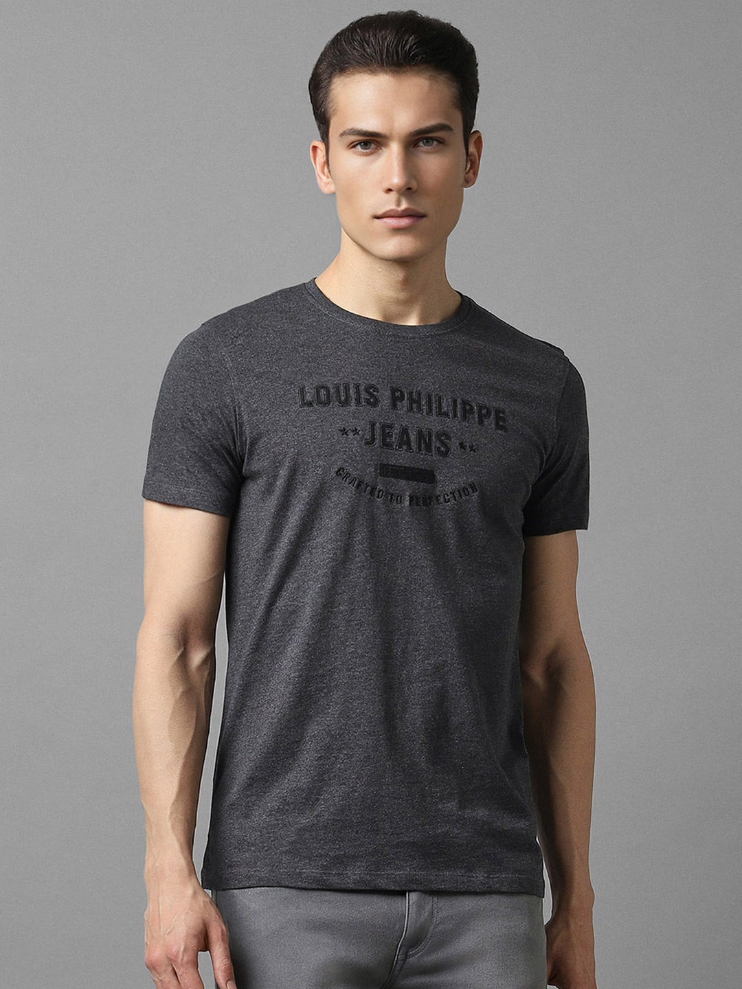 

Louis Philippe Jeans Typography Printed Crew Neck Cotton Slim Fit T-shirt, Grey