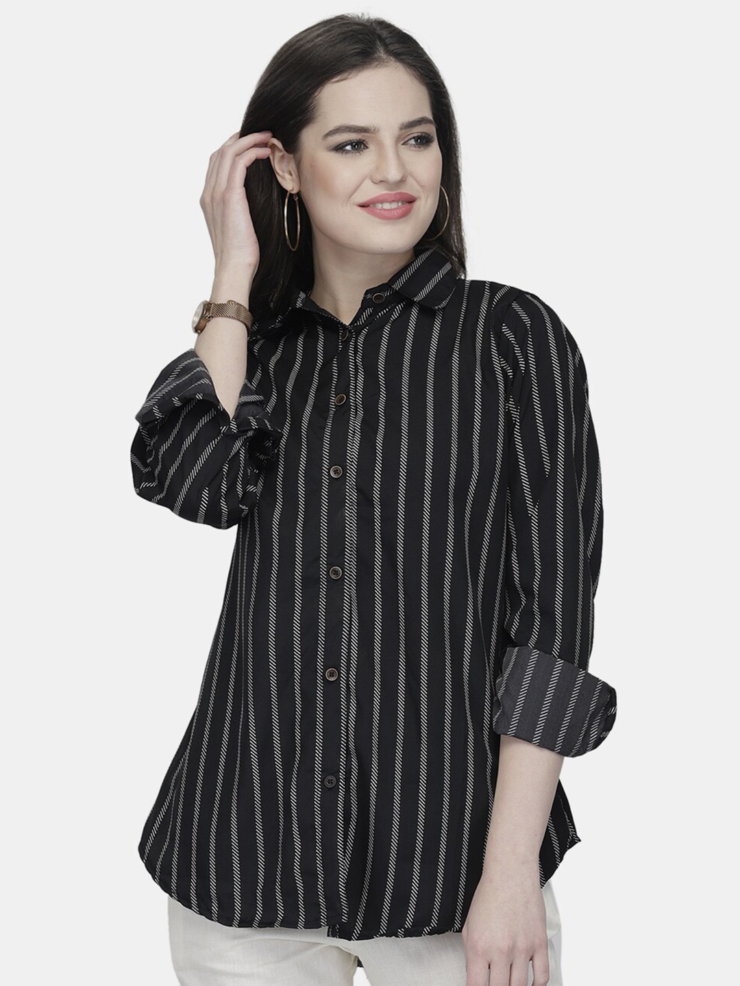 

Aarsha Classic Striped Crepe Casual Shirt, Black