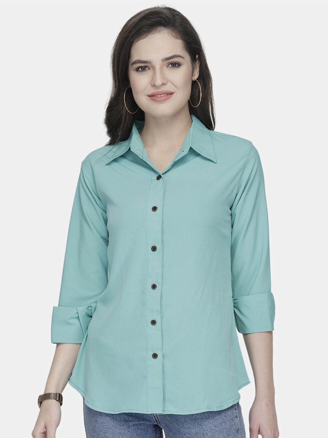 

Aarsha Classic Spread Collar Crepe Casual Shirt, Green