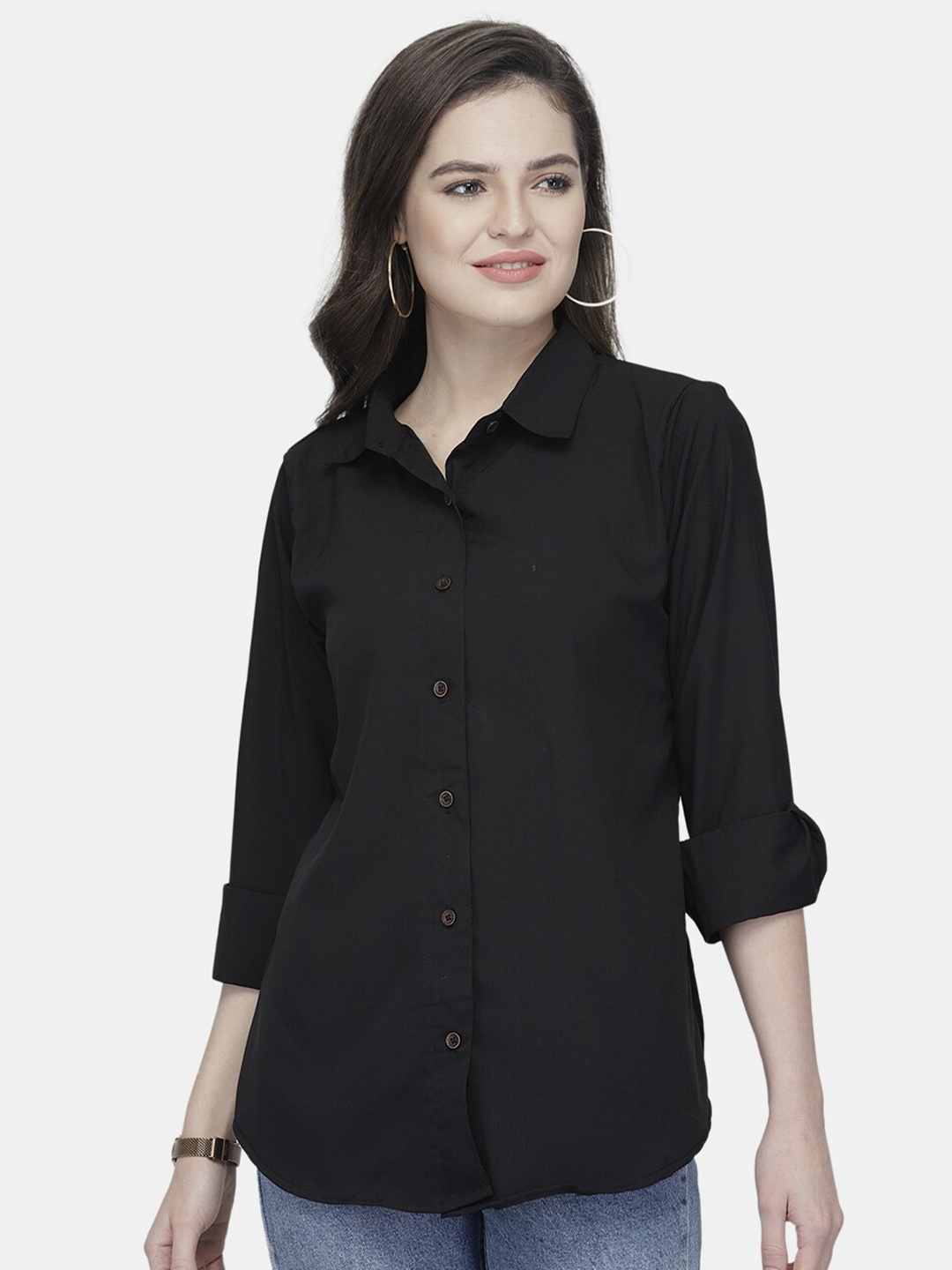 

Aarsha Classic Spread Collar Crepe Casual Shirt, Black