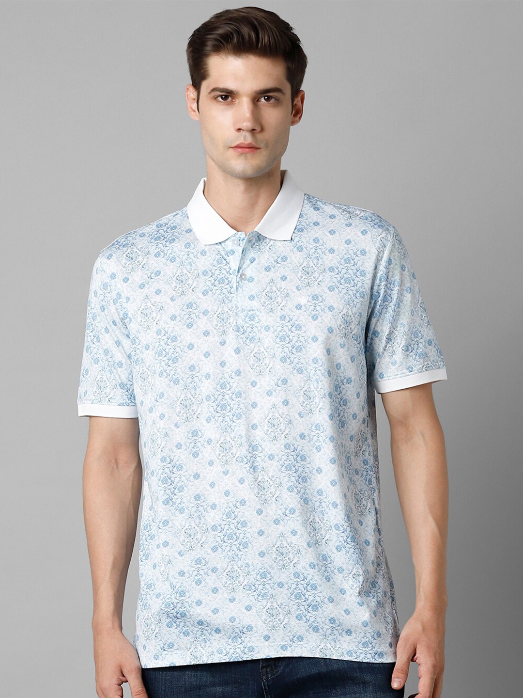 Louis Philippe Sport Floral Printed Polo Collar Cotton T-shirt, Blue