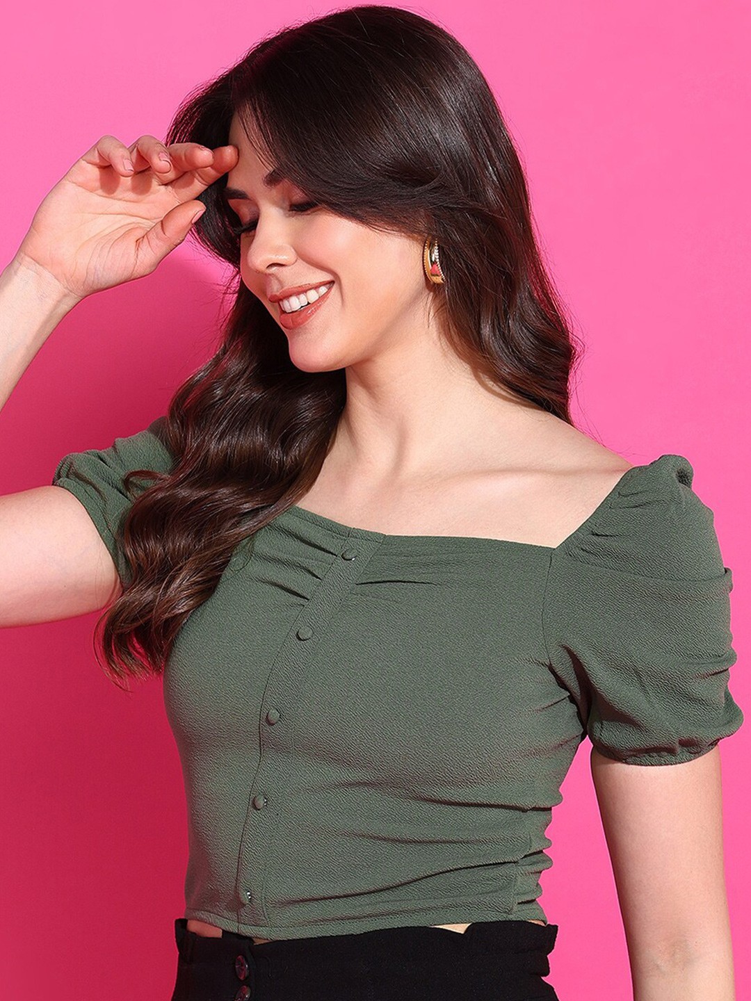 

Mast & Harbour Green Square Neck Puff Sleeves Top, Olive