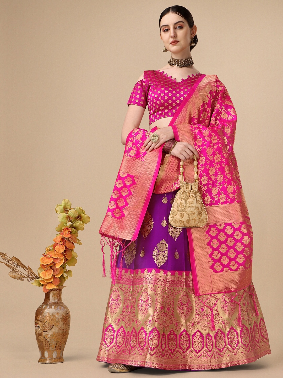 

NIZA FASHION Woven Design Ready to Wear Lehenga & Unstitched Blouse With Dupatta, Purple