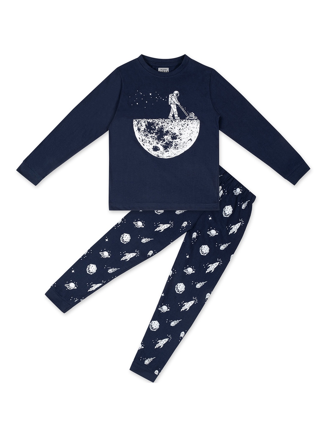 

BAESD Kids Printed Pure Cotton Night Suit, Navy blue