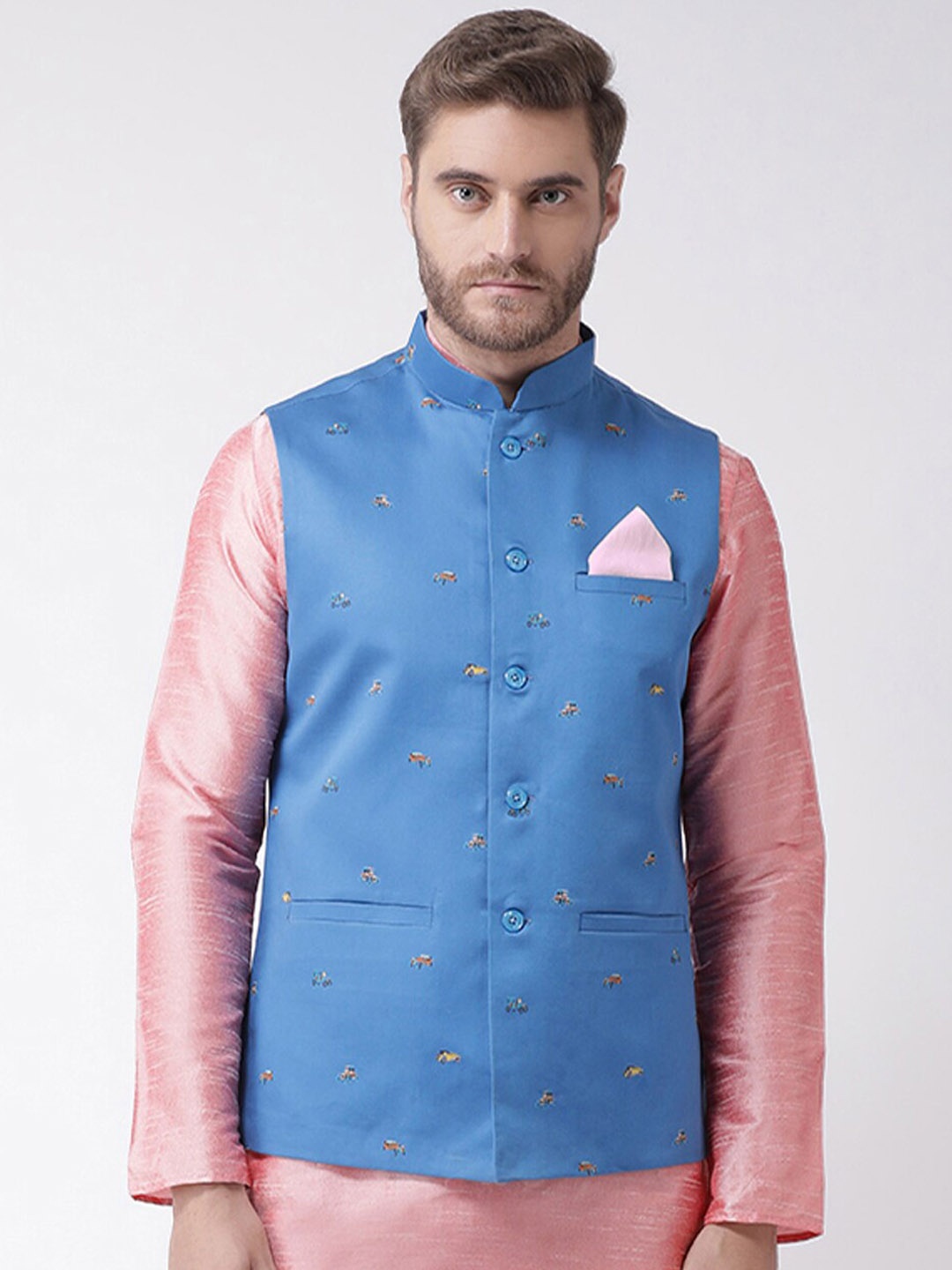 

DEYANN Men Conversational Printed Cotton Linen Woven Nehru Jacket, Blue