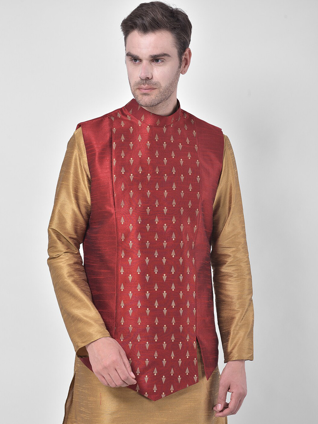 

DEYANN Geometric Printed Mandarin Collar Nehru Jacket, Red
