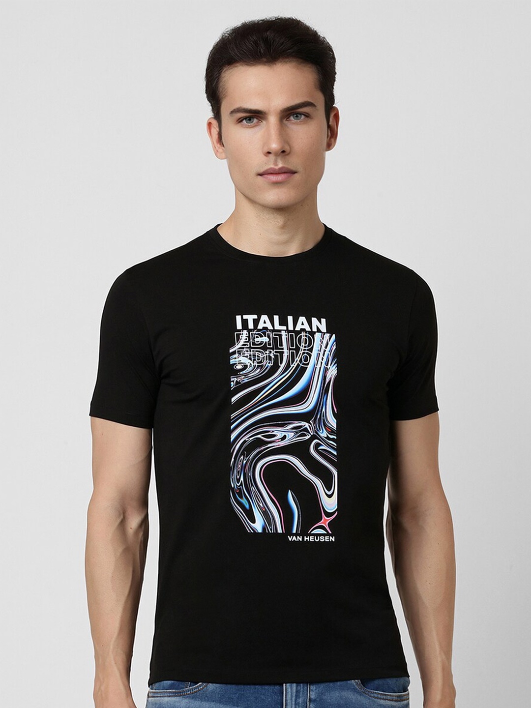 

V Dot Graphic Printed Slim Fit T-shirt, Black