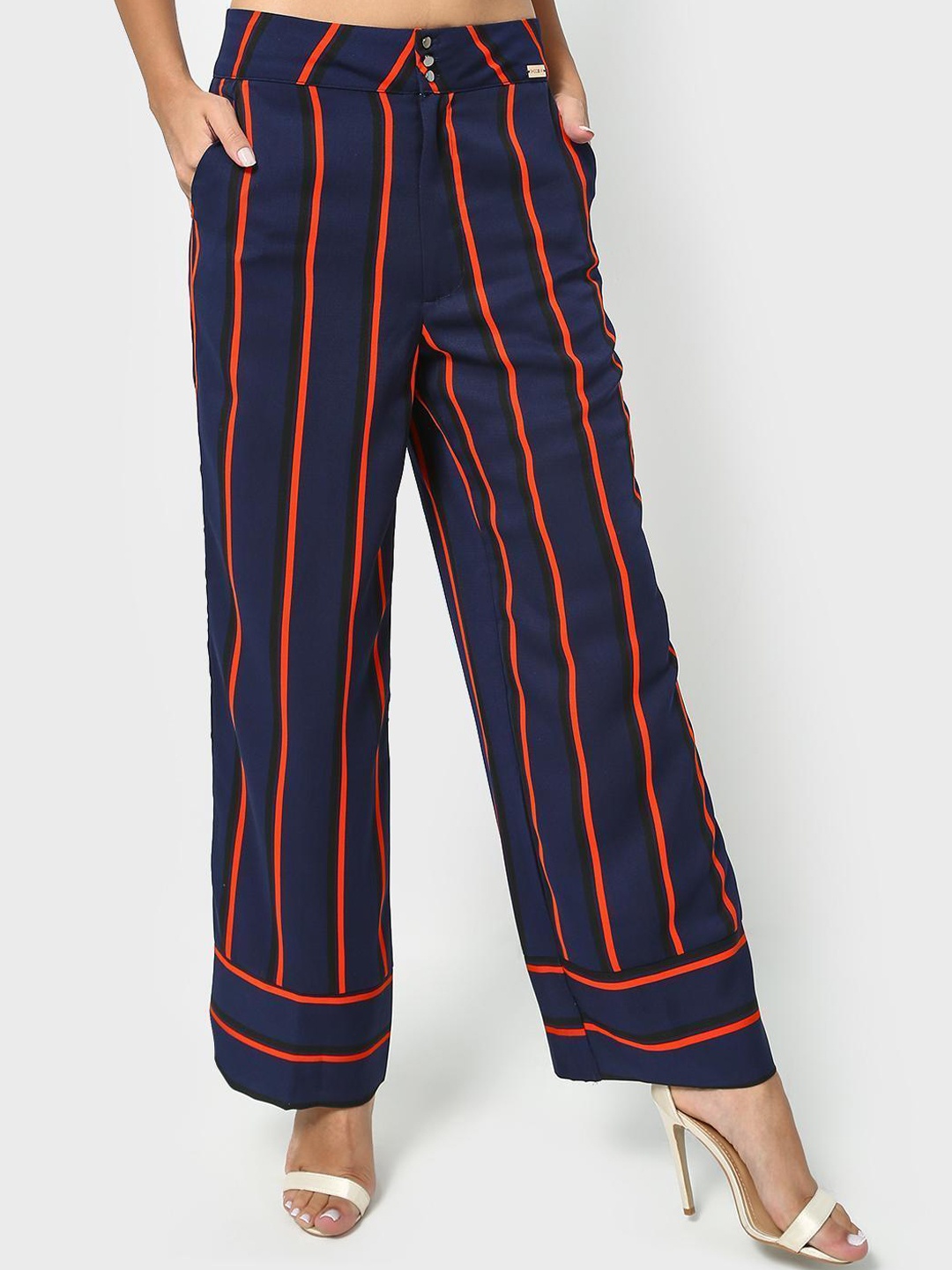 

SHECZZAR Women Navy Blue Striped Original Mid-Rise Easy Wash Parallel Trousers