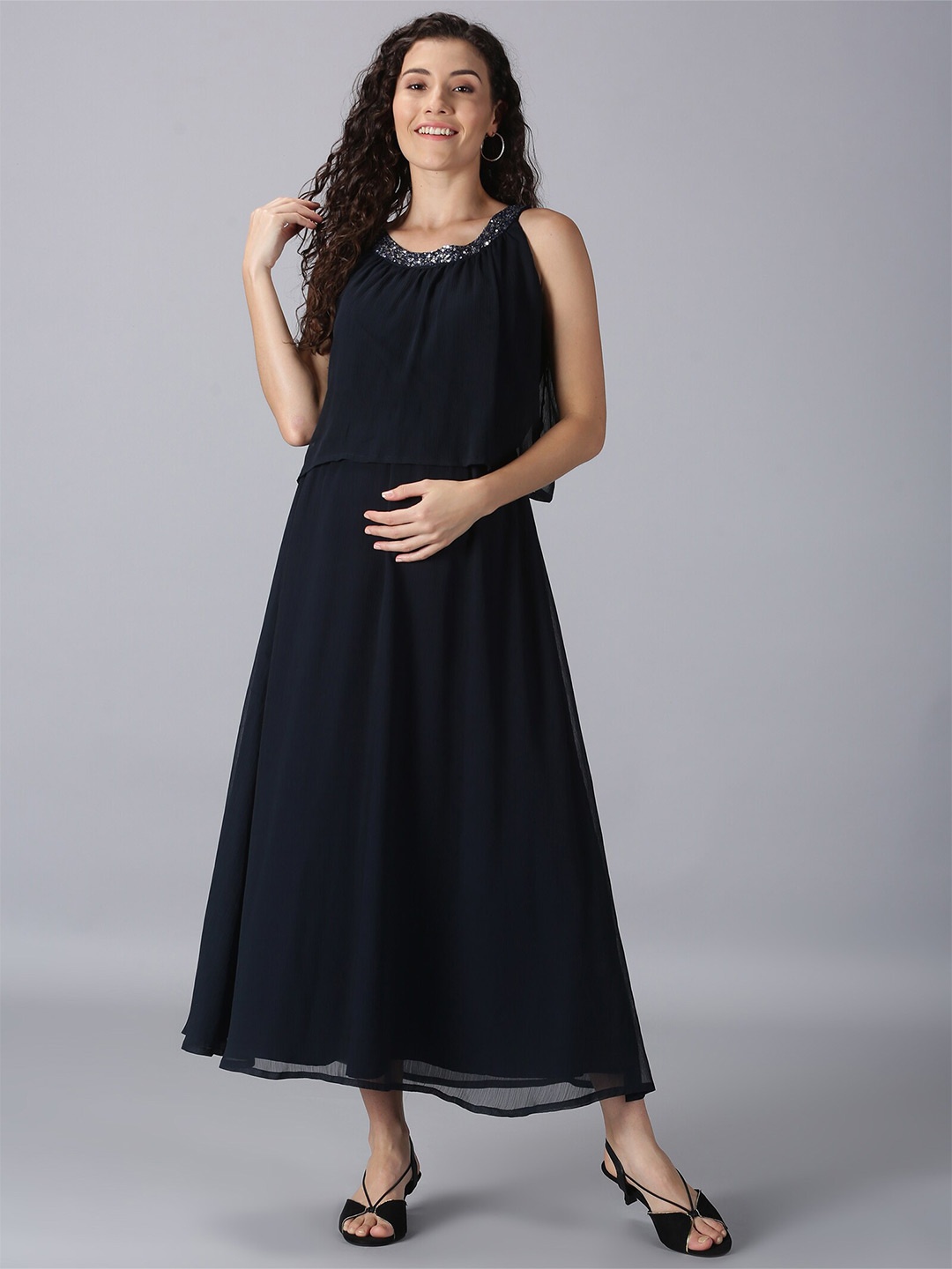 

PURPLE FLAUNT Georgette Maxi Dress, Navy blue