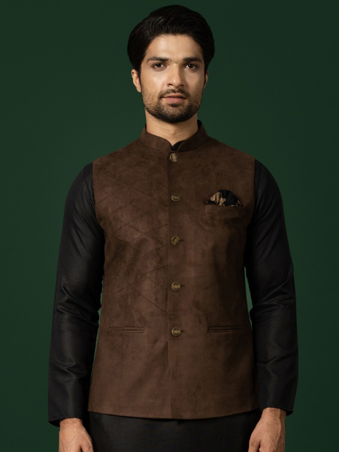 

KISAH Checked Mandarin Collar Nehru Jacket, Brown