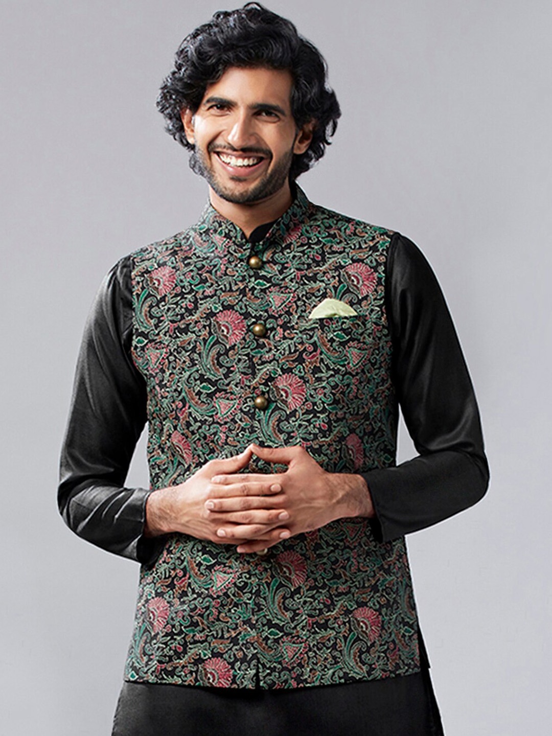 

KISAH Men Kantha Printed Regular Fit Nehru Jacket, Black