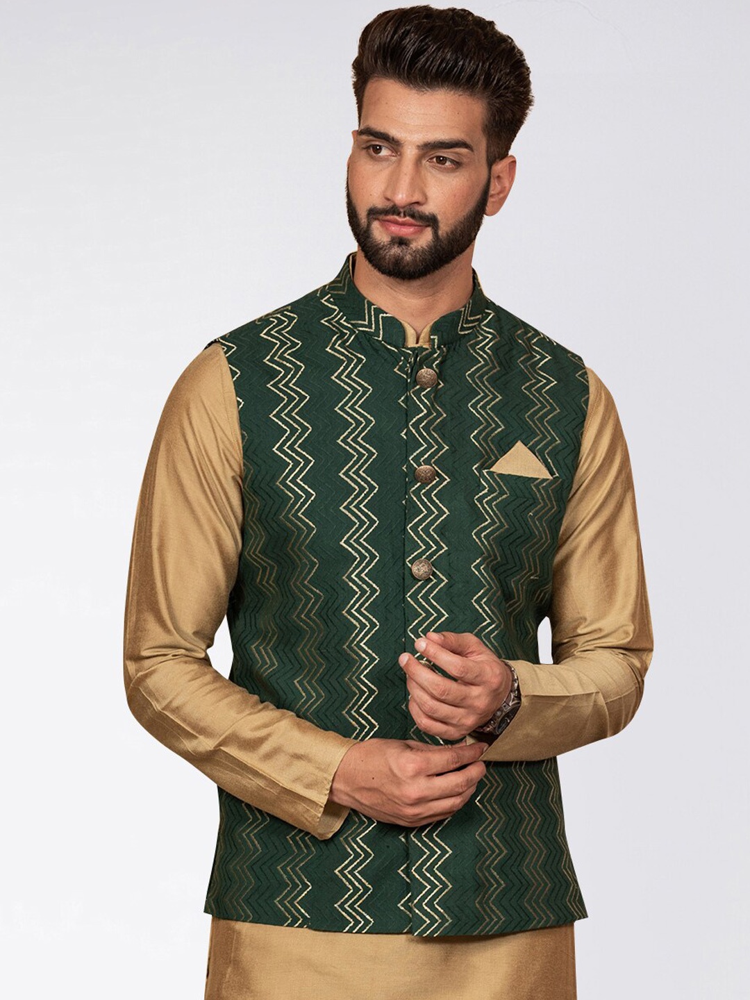 

KISAH Woven Design Mandarin Collar Nehru Jacket, Green