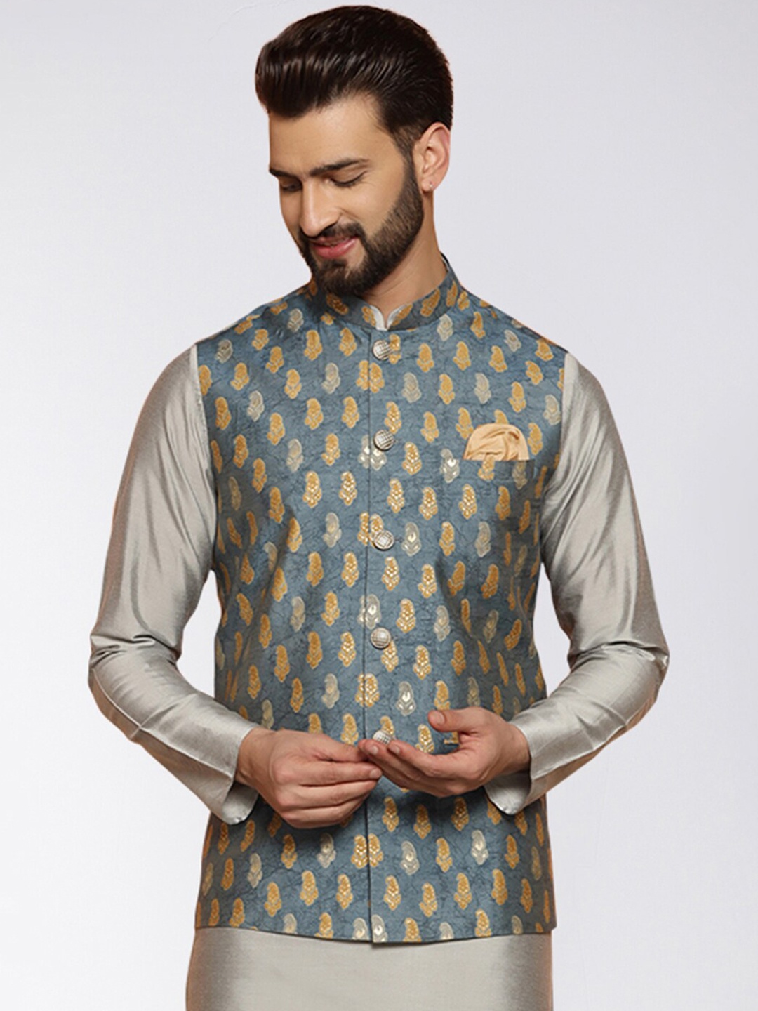

KISAH Woven Design Mandarin Collar Nehru Jacket, Grey