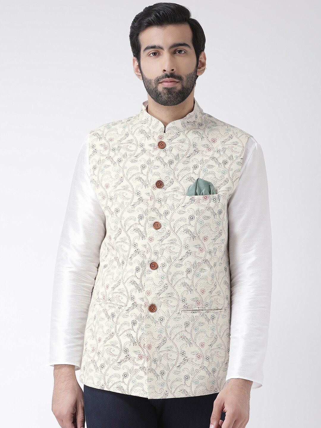 

KISAH Men Kantha Printed Regular Fit Nehru Jacket, Cream