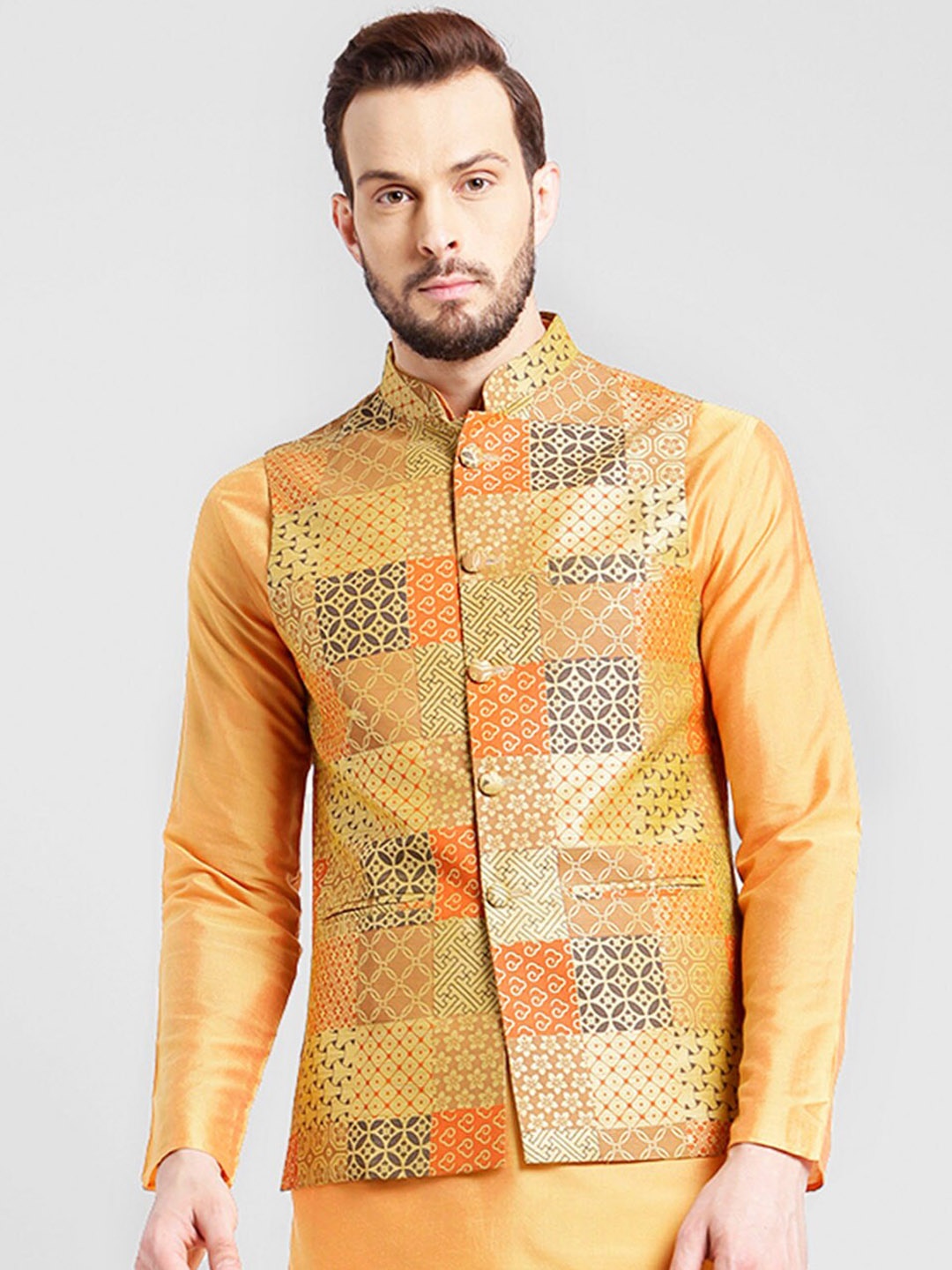 

KISAH Men Printed Zari Regular Fit Nehru Jacket, Yellow