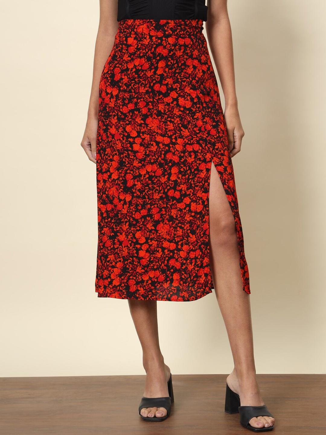 

Trend Arrest Floral Printed A-Line Midi Skirts, Red