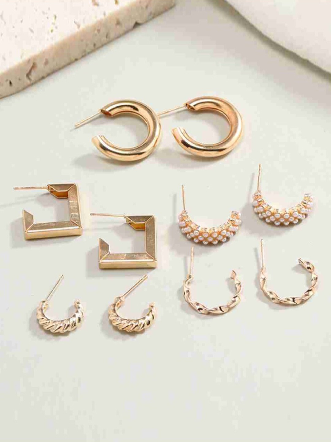 

SALTY Set Of 5 Contemporary Studs Earrings, Gold