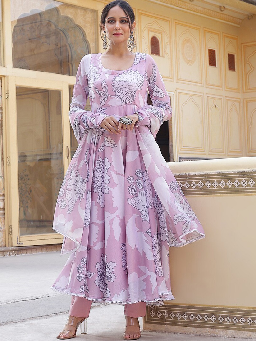 

AKS Couture Floral Printed Regular Anarkali Kurta with Trousers & Dupatta, Pink