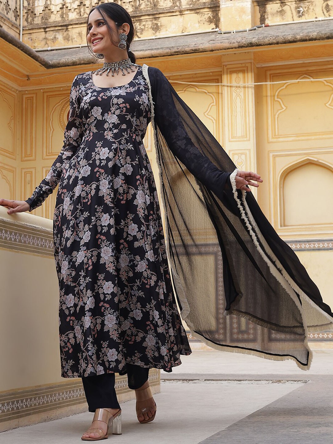 

AKS Couture Floral Printed Regular Anarkali Kurta with Trousers & Dupatta, Black