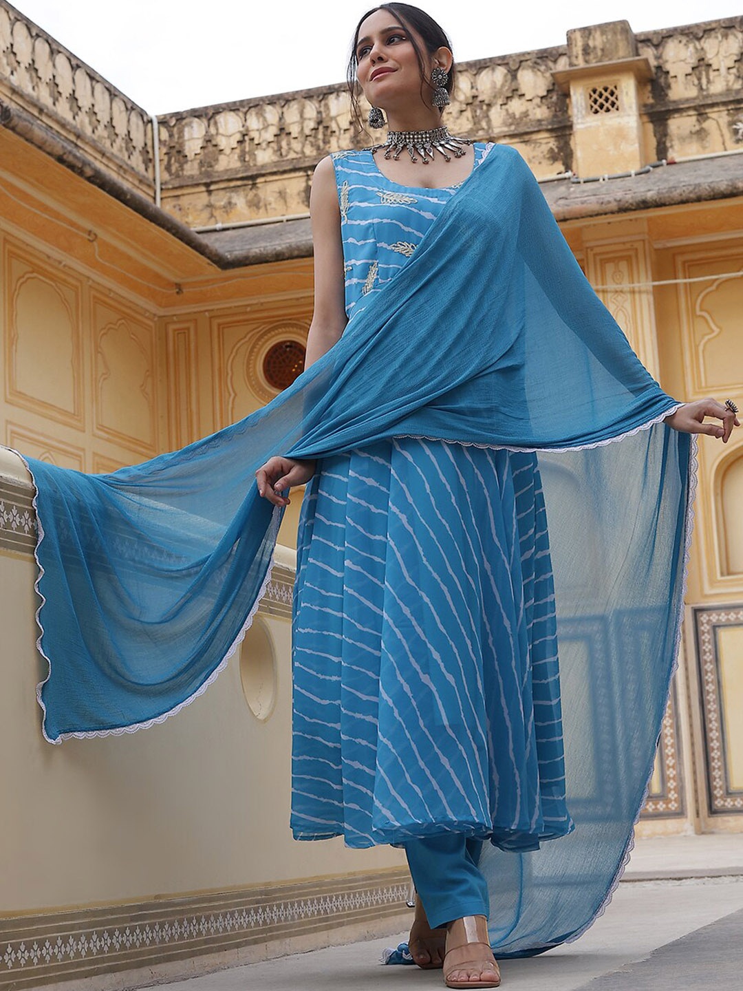 

AKS Couture Leheriya Printed Regular Anarkali Kurta with Trousers & Dupatta, Blue