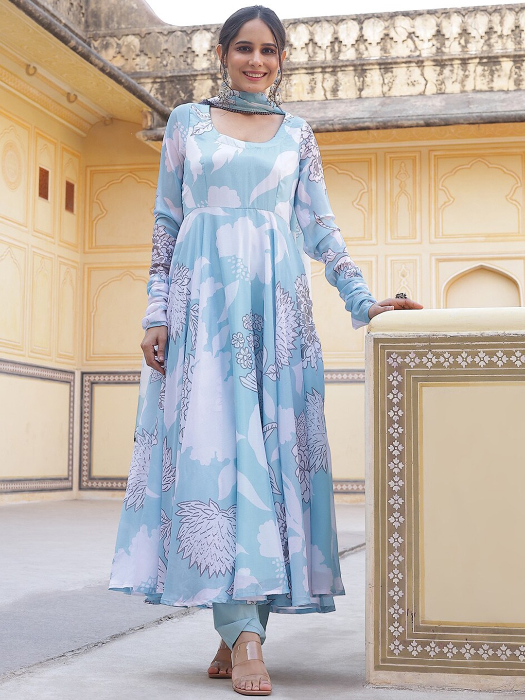 

AKS Couture Floral Printed Regular Anarkali Kurta with Trousers & Dupatta, Blue