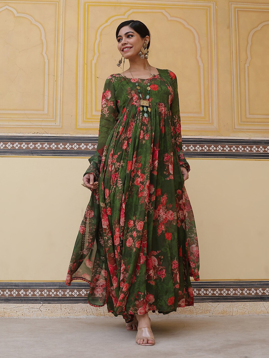 AKS Floral Couture Print Maxi Dress With Dupatta, Green