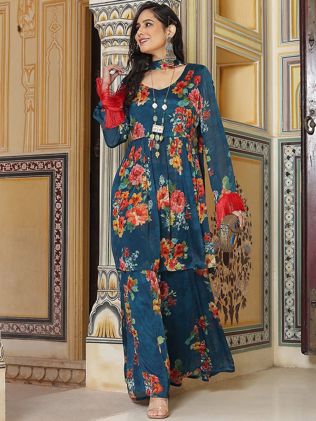 

AKS Couture Floral Printed Regular Kurta with Sharara & Dupatta, Navy blue