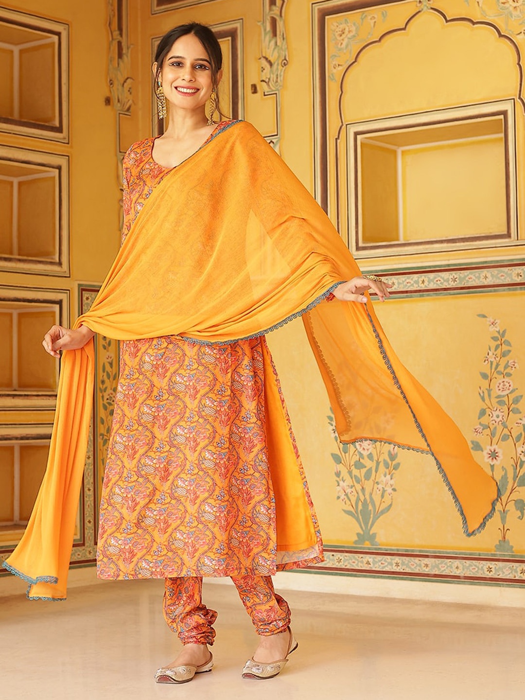 

AKS Couture Floral Printed Regular Anarkali Kurta with Churidar & Dupatta, Orange