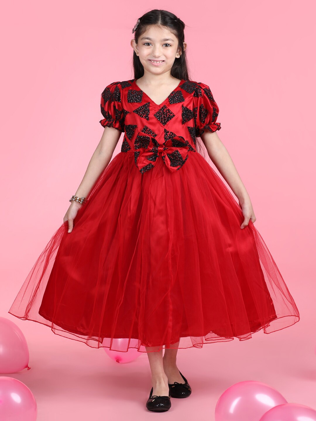 

Cutiekins Girls Self Design Printed V-Neck Fit & Flare Maxi Dress, Red