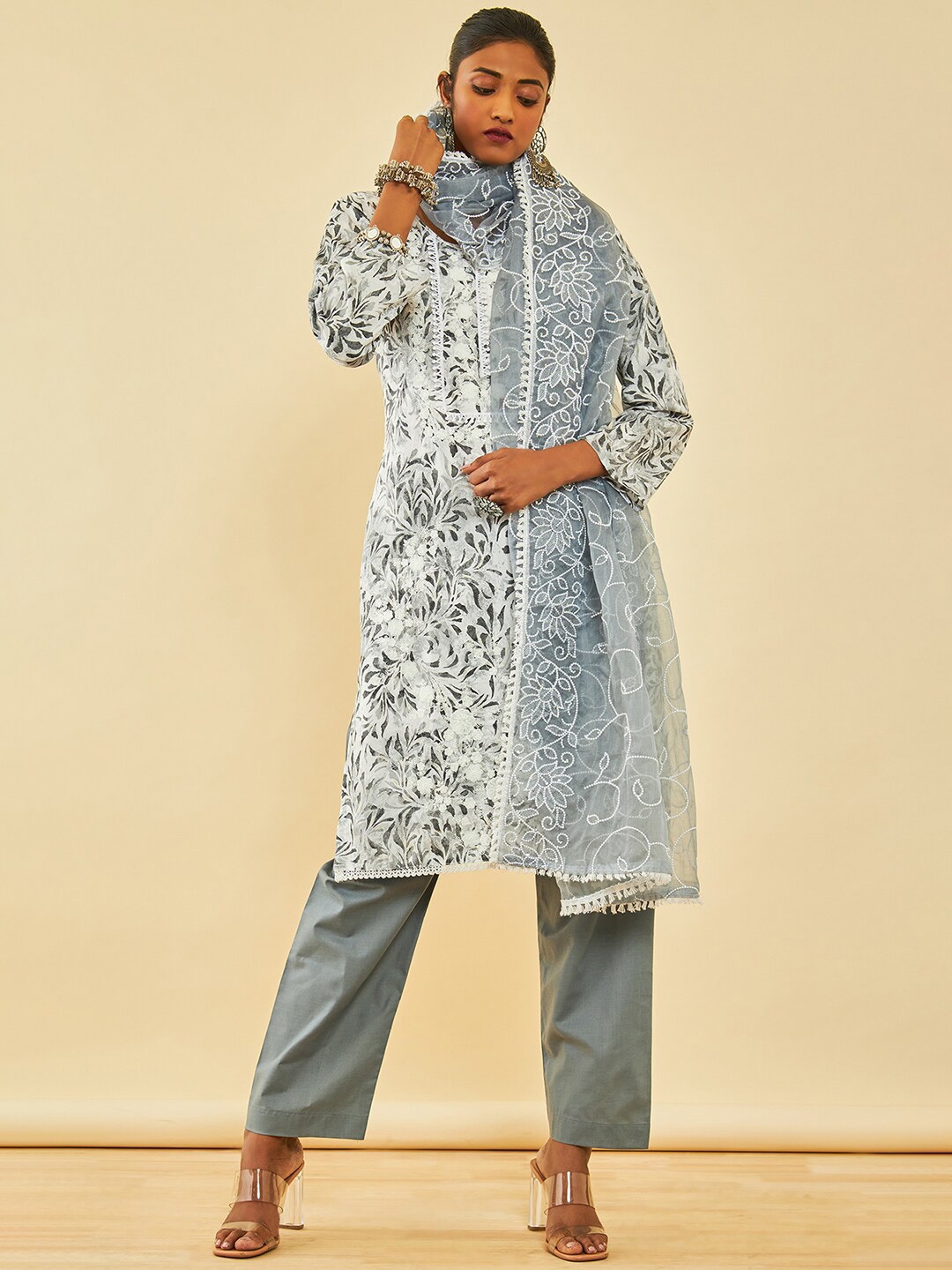 

Soch Floral Printed Embroidered Pure Cotton Unstitched Dress Material, Off white