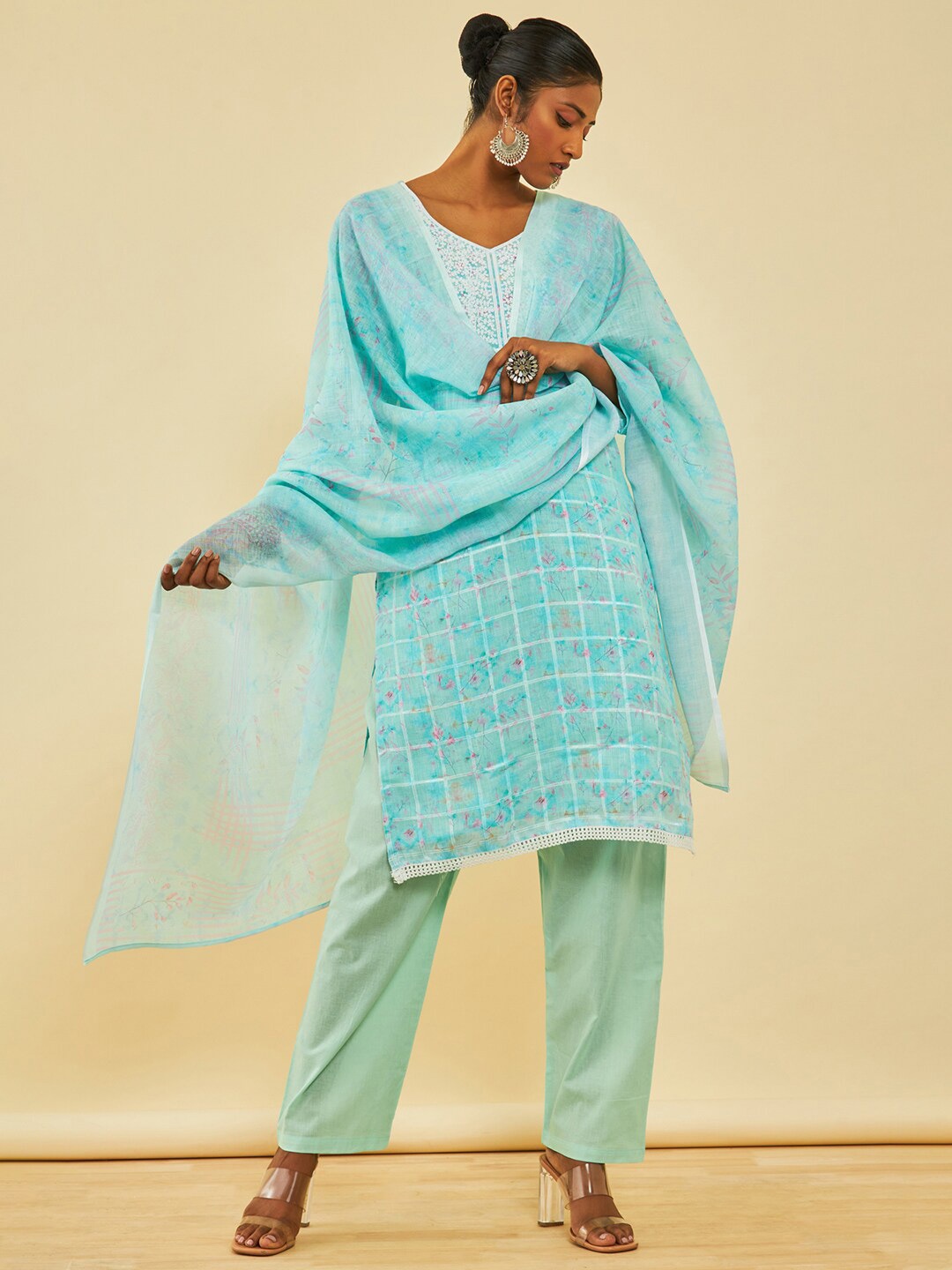 

Soch Floral Printed Embroidered Linen Unstitched Dress Material, Blue