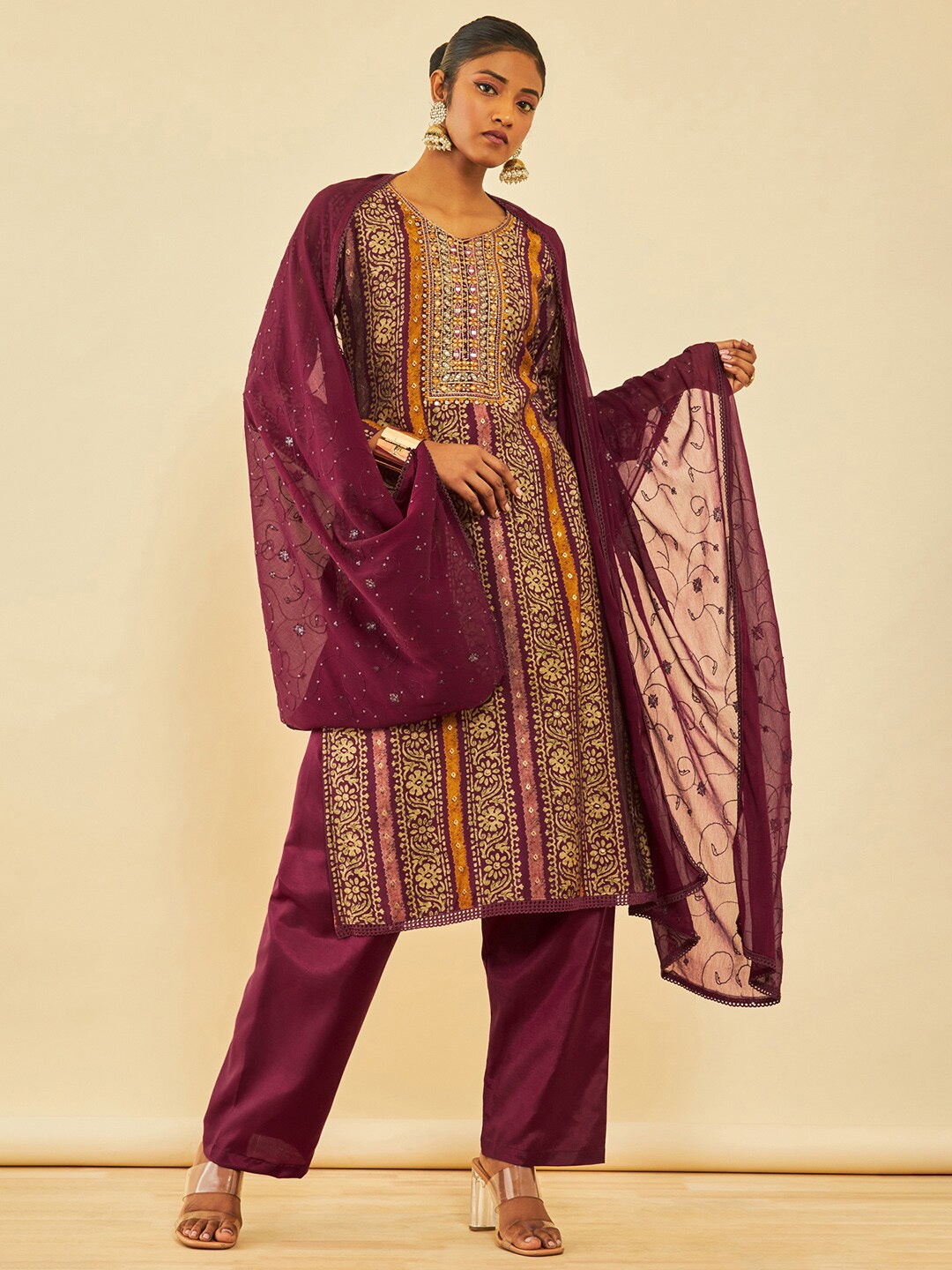 

Soch Modal Silk Embroidered Unstitch Dress Material With Mirror Work, Magenta