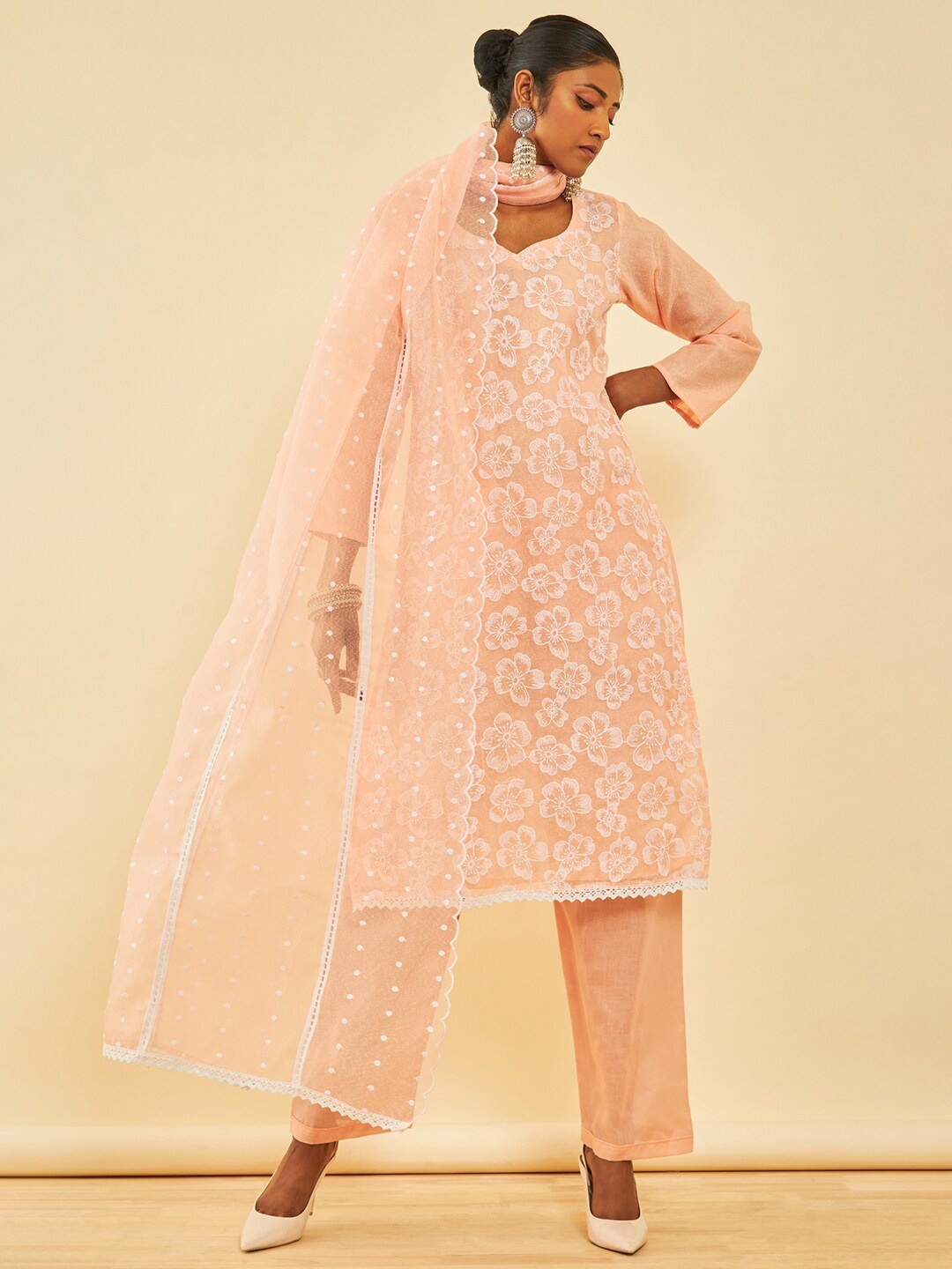 

Soch Floral Printed Embroidered Unstitched Dress Material, Peach