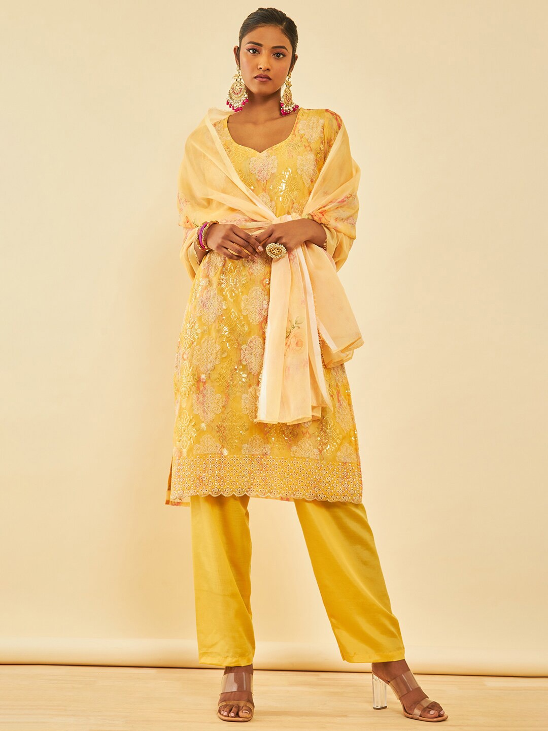 

Soch Yellow Floral Embellished Sequined Organza Unstitched Dress Material