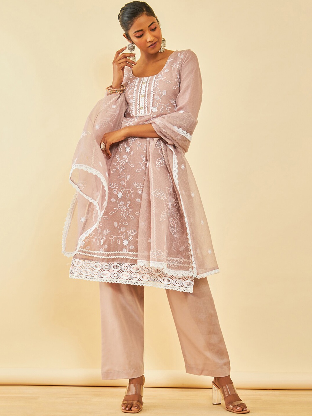 

Soch Mauve Floral Embroidered Gotta Patti Unstitched Dress Material
