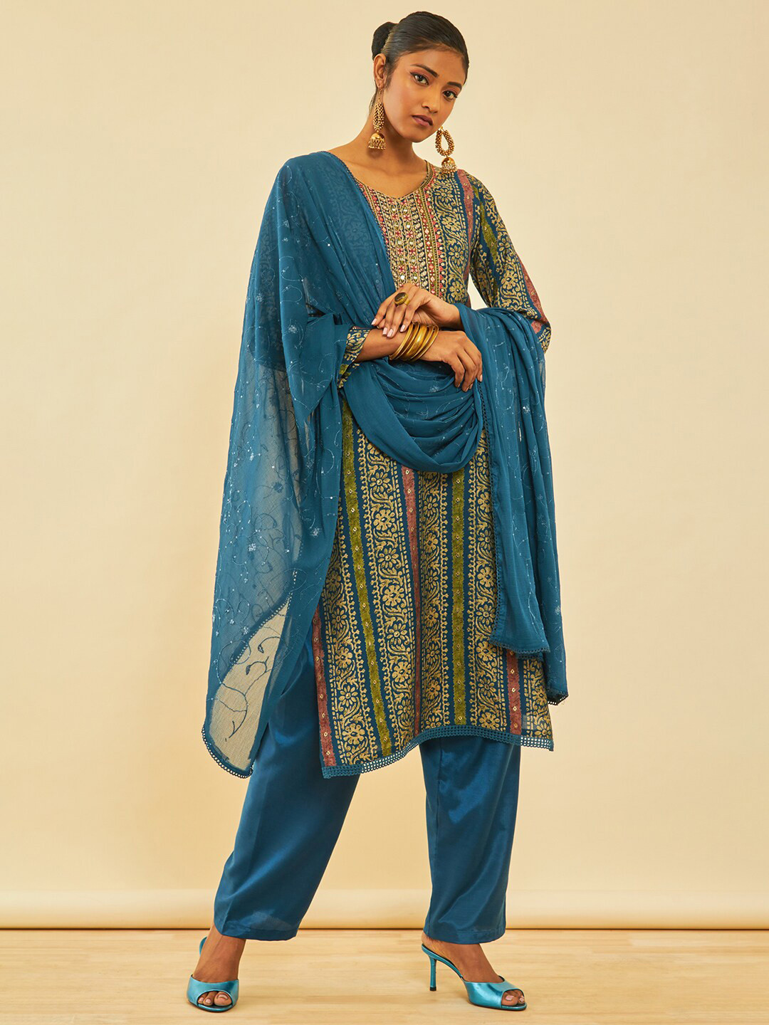 

Soch Modal Silk Embroidered Unstitch Dress Material With Mirror Work, Blue