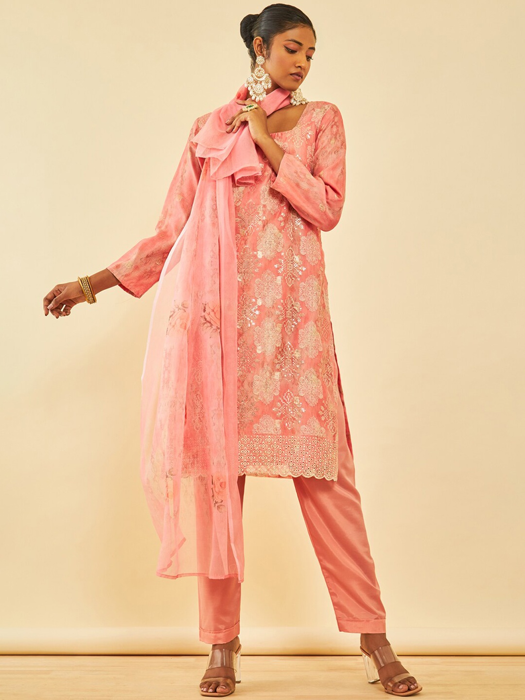 

Soch Floral Embellished Sequinned Organza Unstitched Dress Material With Sequins, Peach