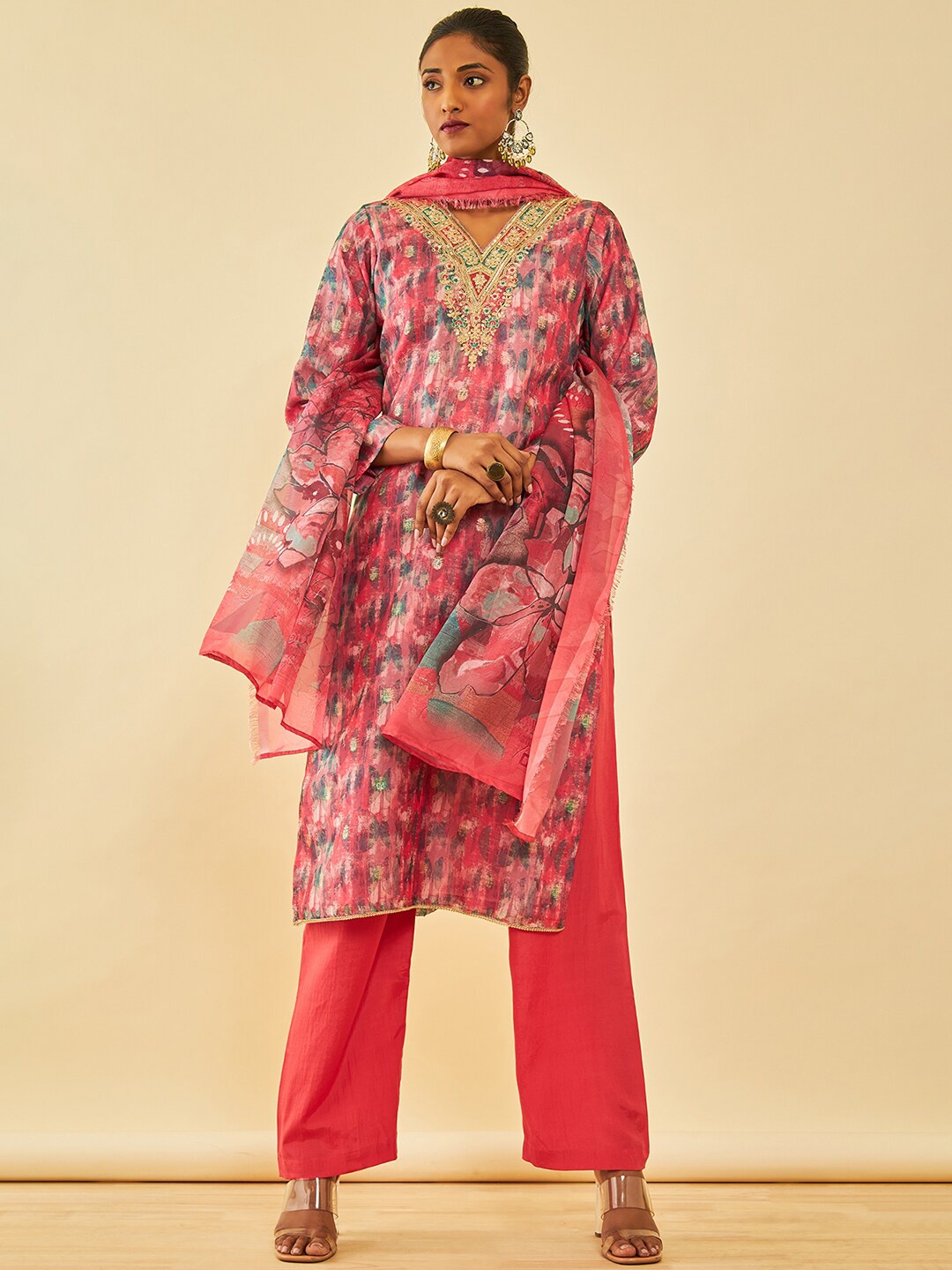 Soch Embroidered Organza Unstitched Dress Material, Pink