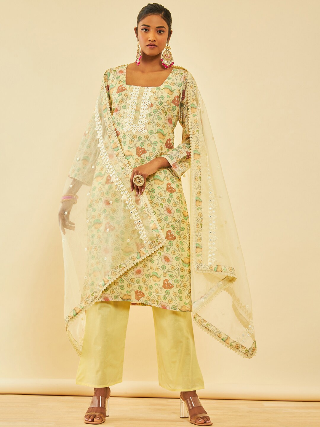 

Soch Kalamkari Printed Mirror Work Pure Cotton Unstitched Dress Material, Yellow