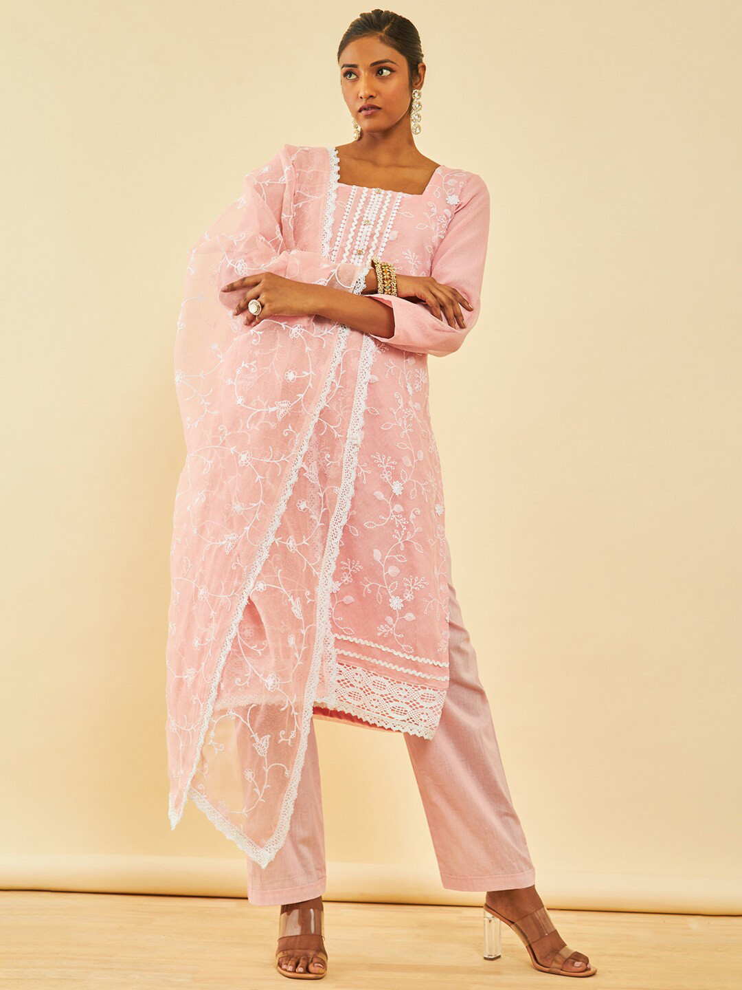 

Soch Embroidered Thread Work Unstitched Dress Material, Pink