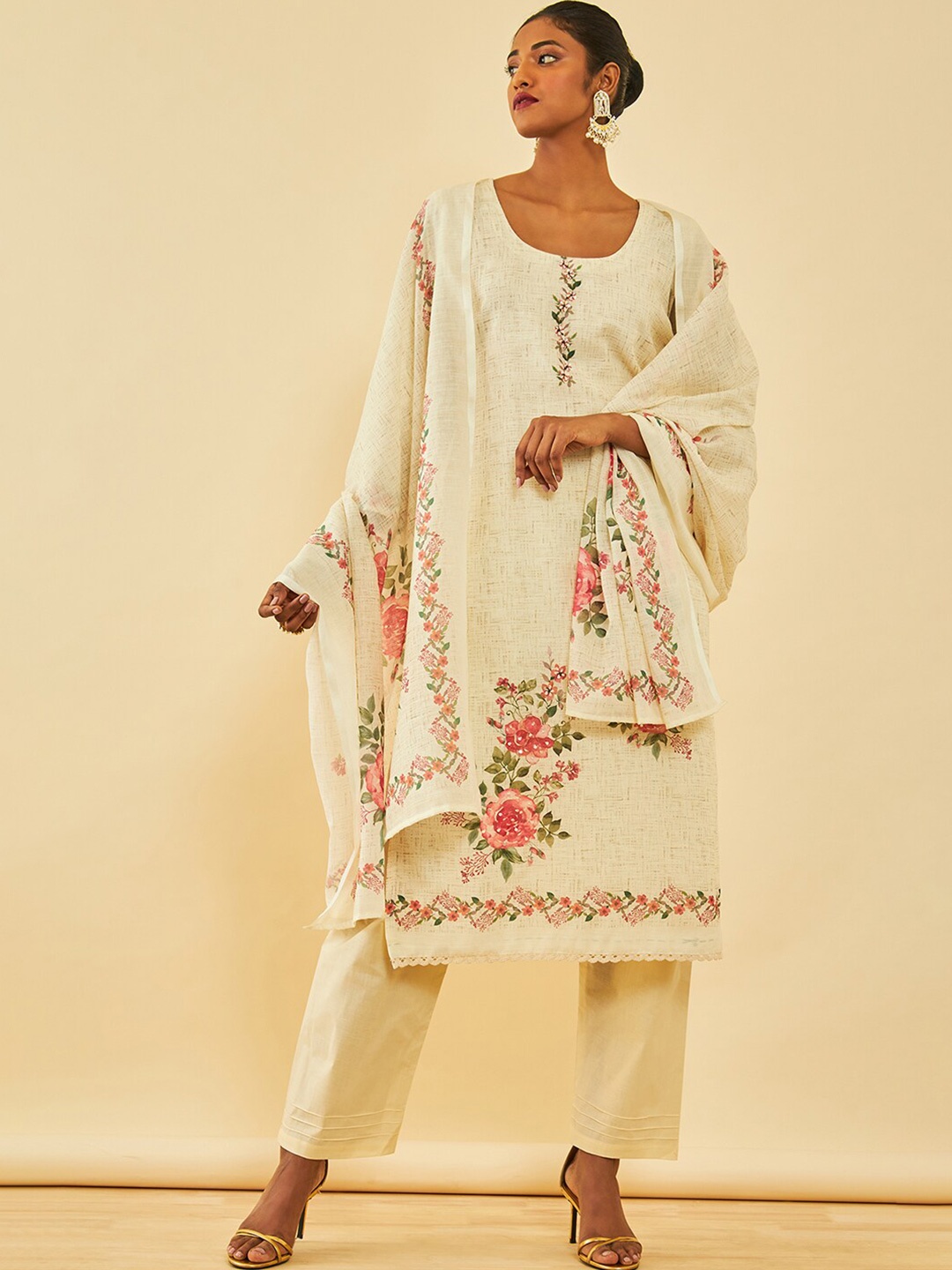

Soch Cream Floral Embellished Linen Sequinned Unstitched Dress Material